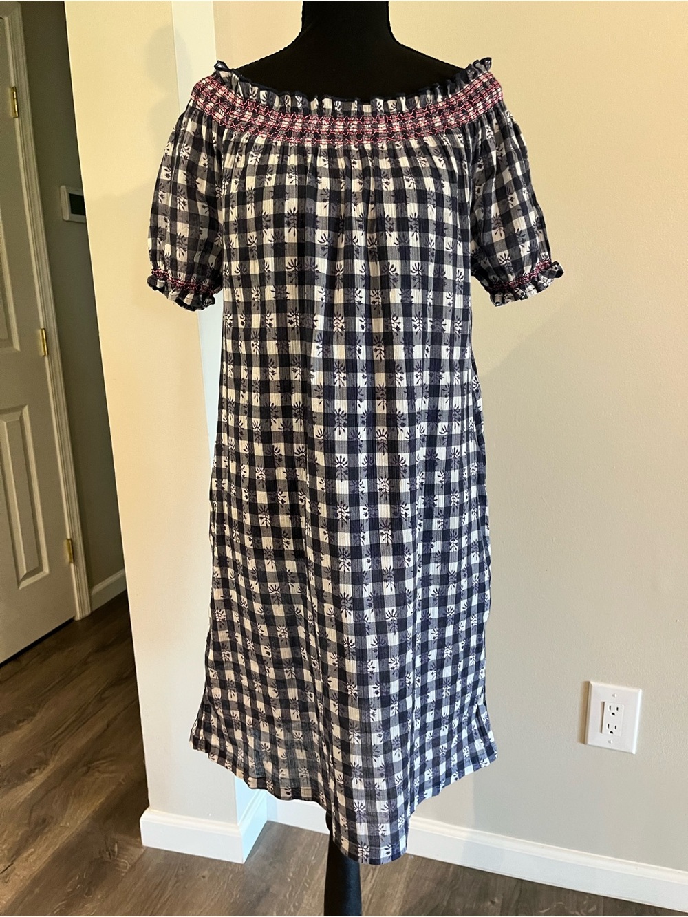 Tuckernuck Navy Gingham Off Shoulder Dress Sz S EUC